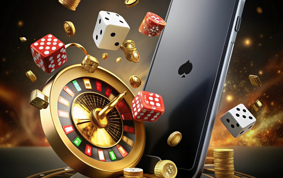 Games roulette, poker chips and dice float away from smartphon